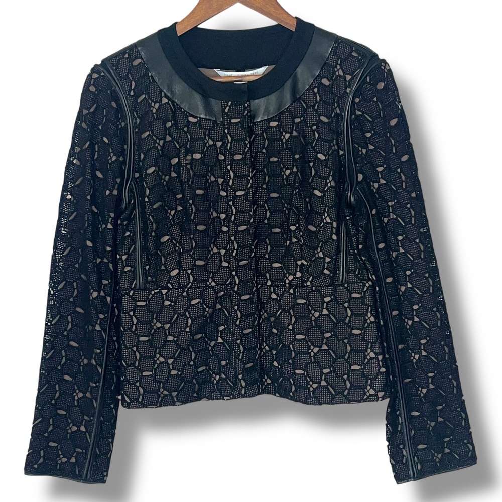 Diane von Furstenberg DVF Maya Pebble Black Lace‎ Leather Trim Jacket Blazer 10